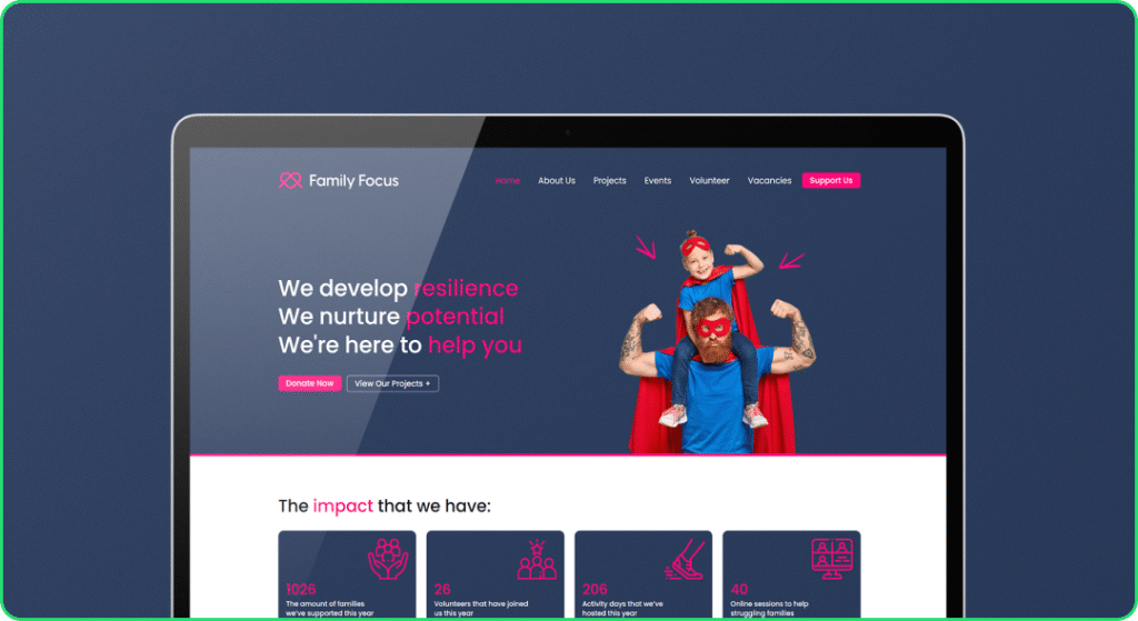 An example of our bespoke websites in stoke design for Family Focus
