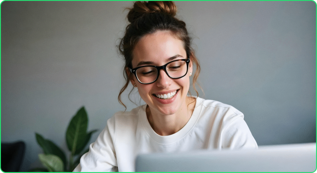 woman happy with her seo in stoke work